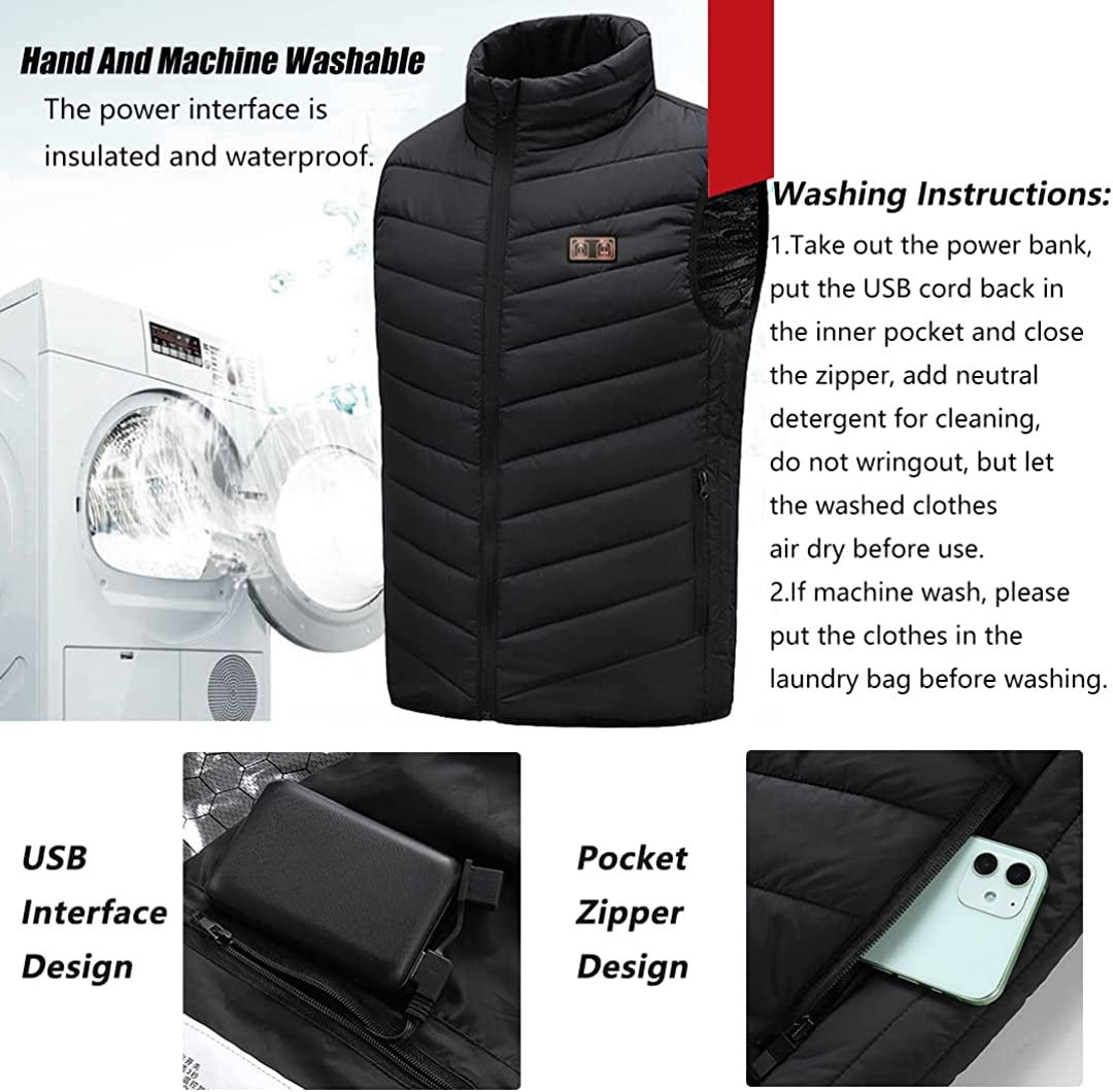 Heated Vest, Electric Heating Vest, 3 Temperature Levels Heating Jacket for Men and Women, 9 Heating Zones, USB Charging Heated Gilet Jacket for Outdoor Camping Hiking (Not Included Battery)