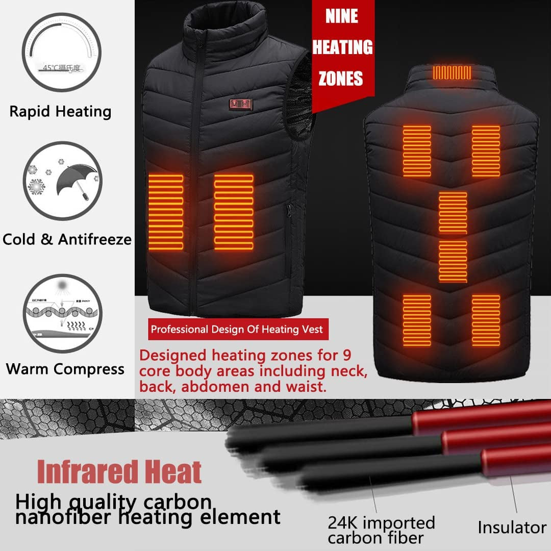 Heated Vest, Electric Heating Vest, 3 Temperature Levels Heating Jacket for Men and Women, 9 Heating Zones, USB Charging Heated Gilet Jacket for Outdoor Camping Hiking (Not Included Battery)