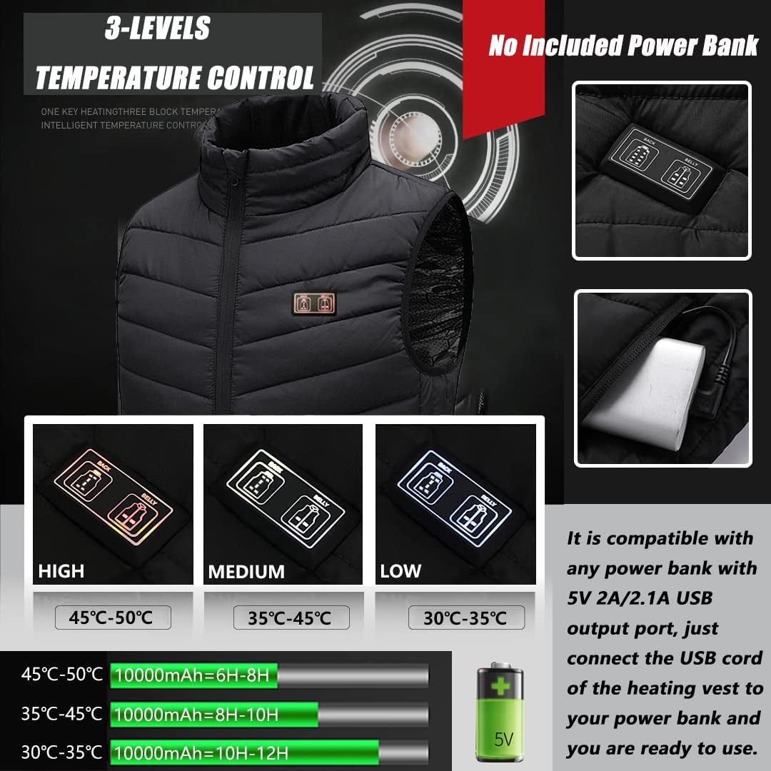 Heated Vest, Electric Heating Vest, 3 Temperature Levels Heating Jacket for Men and Women, 9 Heating Zones, USB Charging Heated Gilet Jacket for Outdoor Camping Hiking (Not Included Battery)