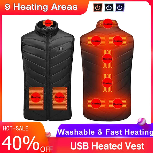 9 Places Heated Vest Winter Electric Heating Vest Washable Heating Jacket Thermal Clothing Hunting Vest Winter Heating Jacket