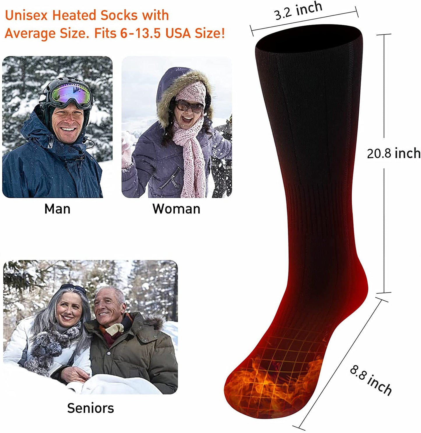Rechargeable Battery Operated Heated Socks Thermal Cozy Unisex Foot Warmer with 3.7V 5V USB 7.4V Volt 2200Mah 3000Mah 4000Mah