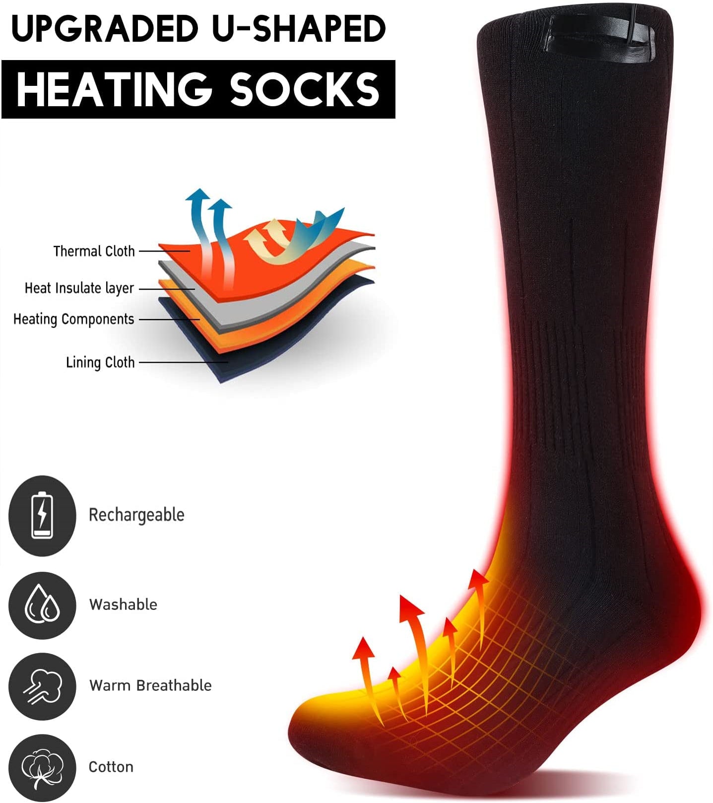 Rechargeable Battery Operated Heated Socks Thermal Cozy Unisex Foot Warmer with 3.7V 5V USB 7.4V Volt 2200Mah 3000Mah 4000Mah
