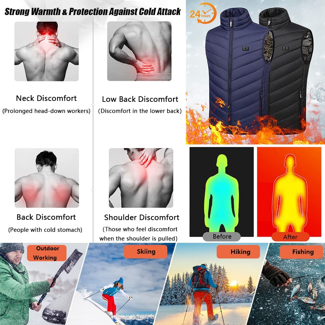 Heated Vest, Electric Heating Vest, 3 Temperature Levels Heating Jacket for Men and Women, 9 Heating Zones, USB Charging Heated Gilet Jacket for Outdoor Camping Hiking (Not Included Battery)